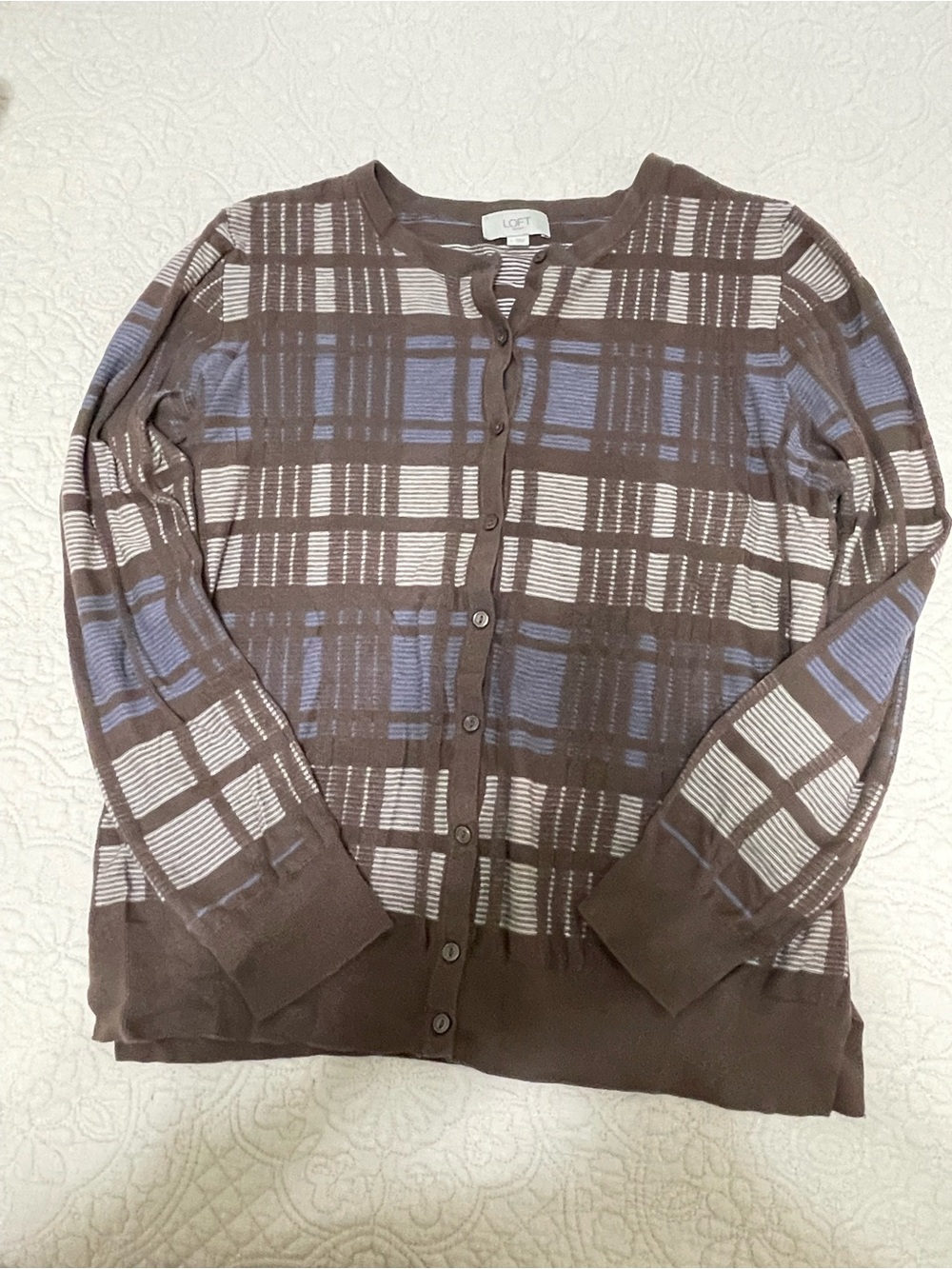 LOFT Brown Plaid Button-Front Cardigan Sweater